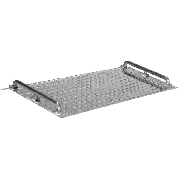 A silver aluminum Vestil mini dock board with metal handles.