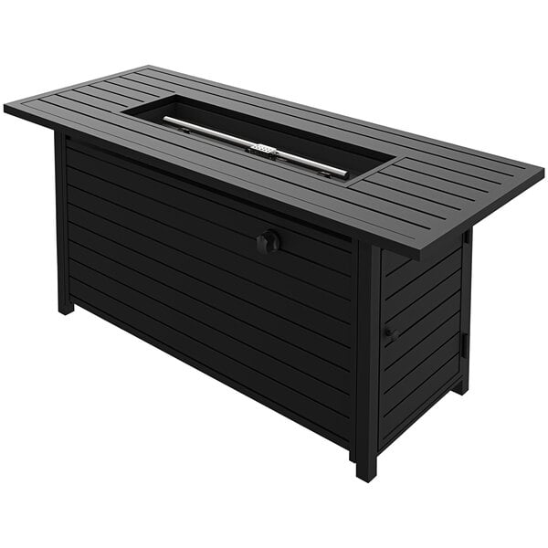 A black rectangular stainless steel LP gas fire pit with a rectangular black top.