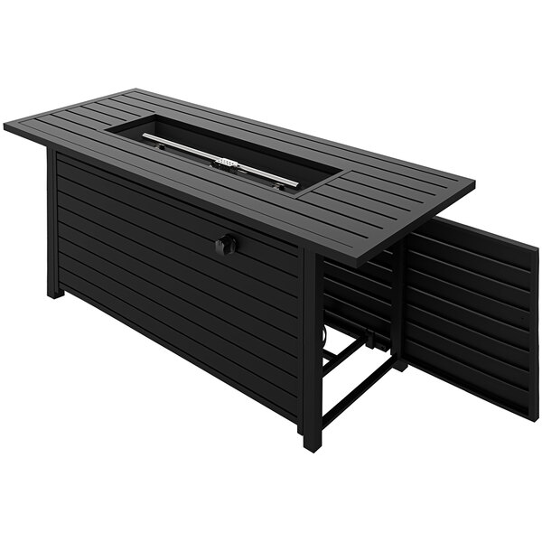 A black rectangular table with a lid open revealing a fire pit.