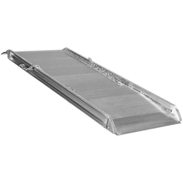 A silver metal Vestil walk ramp with a chain.