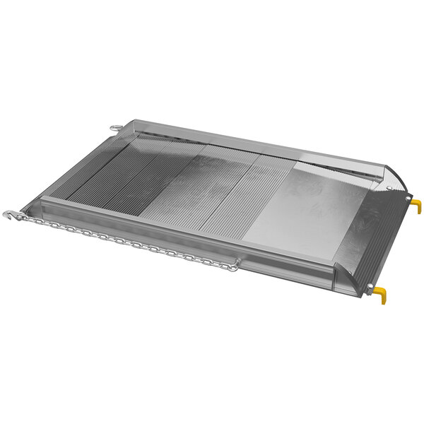 A silver aluminum steel hook walk ramp with yellow handles on top.