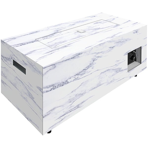 A white rectangular stainless steel fire pit with a glass door.