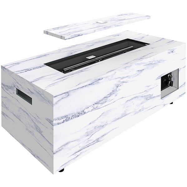 A white rectangular stainless steel fire pit with a black top.