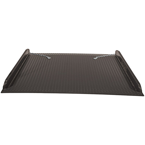 A brown steel rectangular container ramp with side rails.