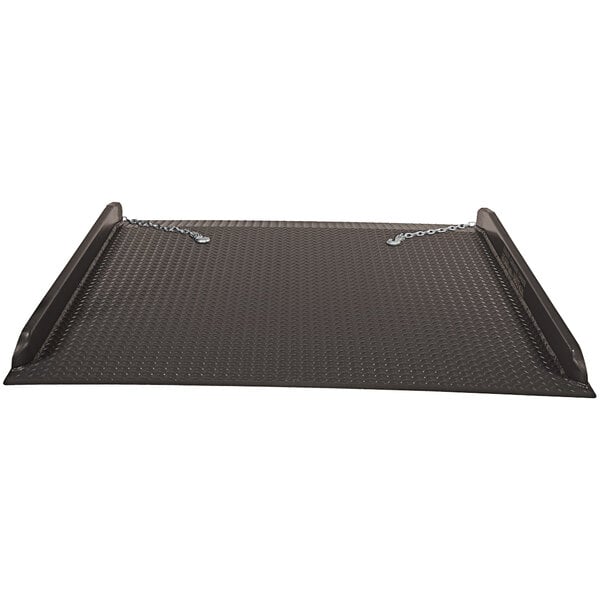 A brown rectangular steel container ramp with side rails.