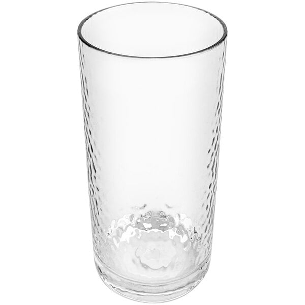 A clear plastic GET Hammered cooler glass.