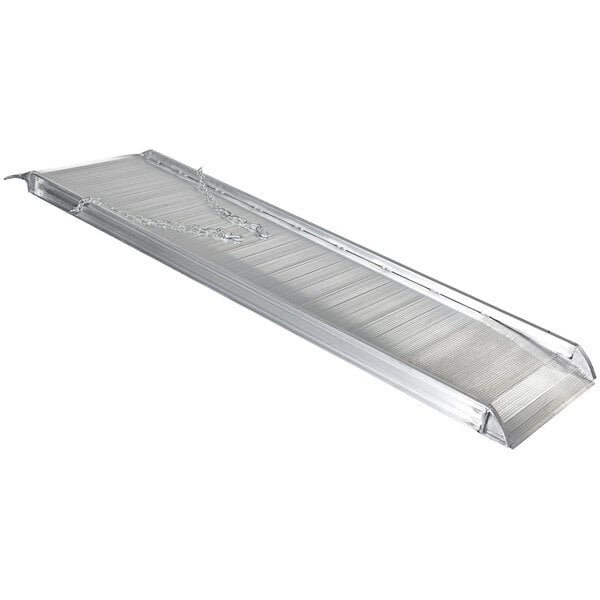 A silver aluminum Vestil walk ramp with overlapping pieces.