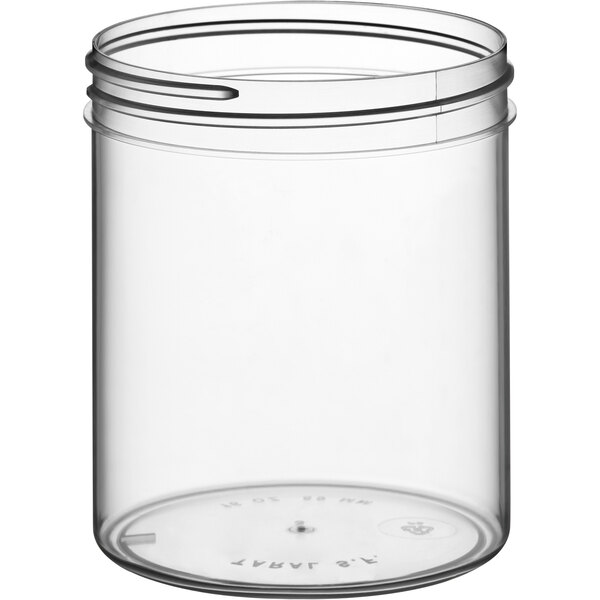 A 16 oz. clear plastic jar with a lid.