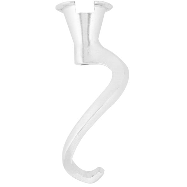 A close-up of a silver Globe aluminum spiral dough hook with a curved handle.