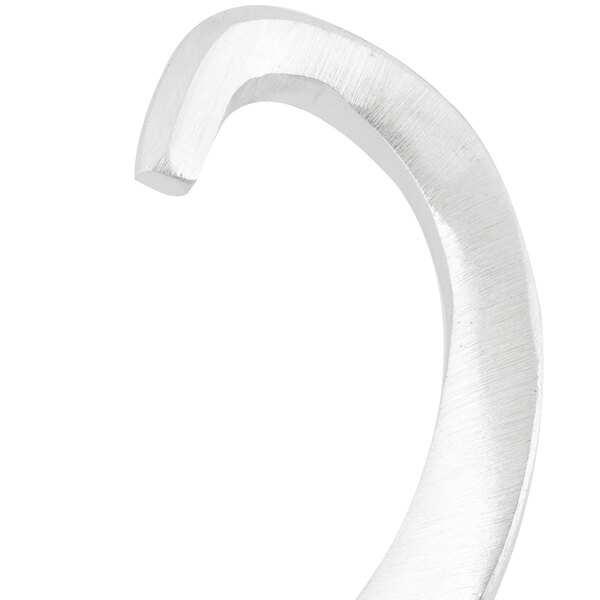 A silver curved metal dough hook.