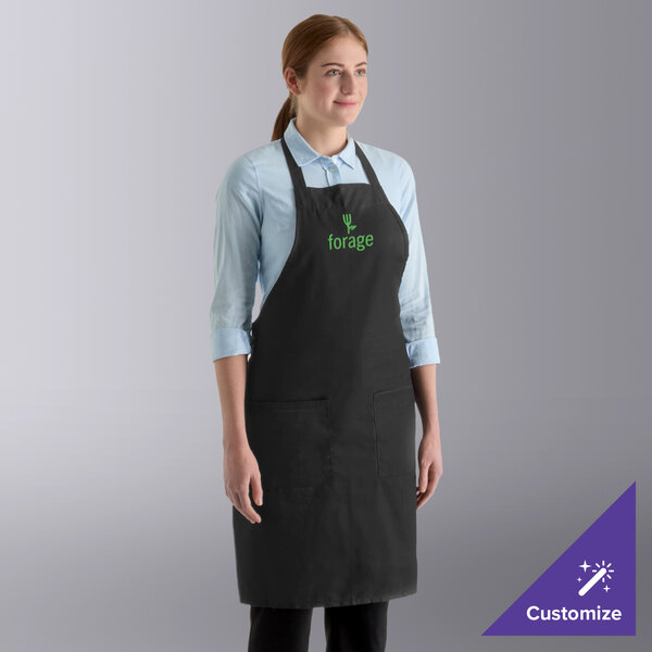 Choice Bulk Black Customizable Poly-Cotton Standard Bib Apron with 2 Pockets - 150/Case