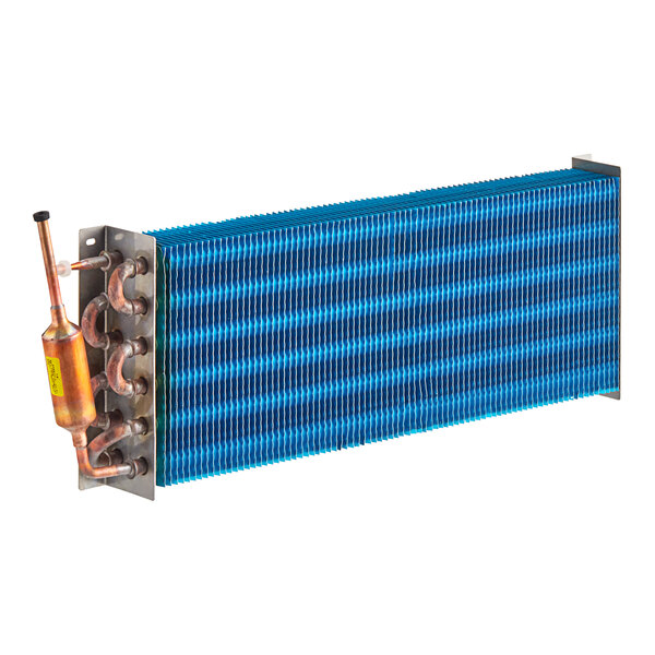 An Avantco evaporator coil with copper tubes and blue fins.