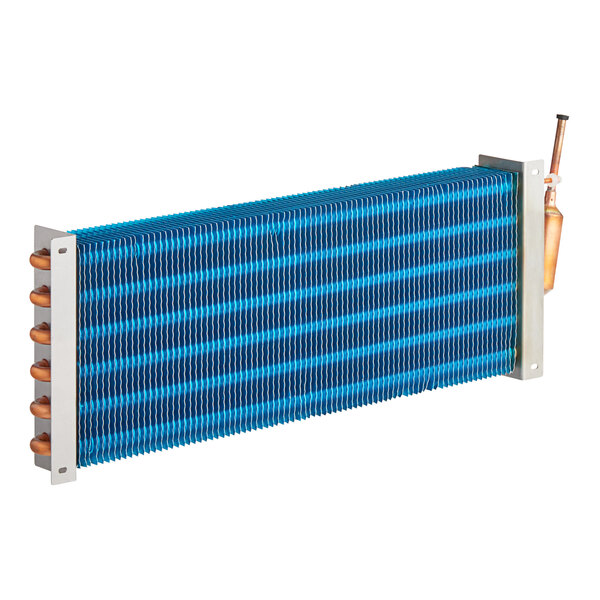 An Avantco evaporator coil with copper pipes on a blue heat exchanger.