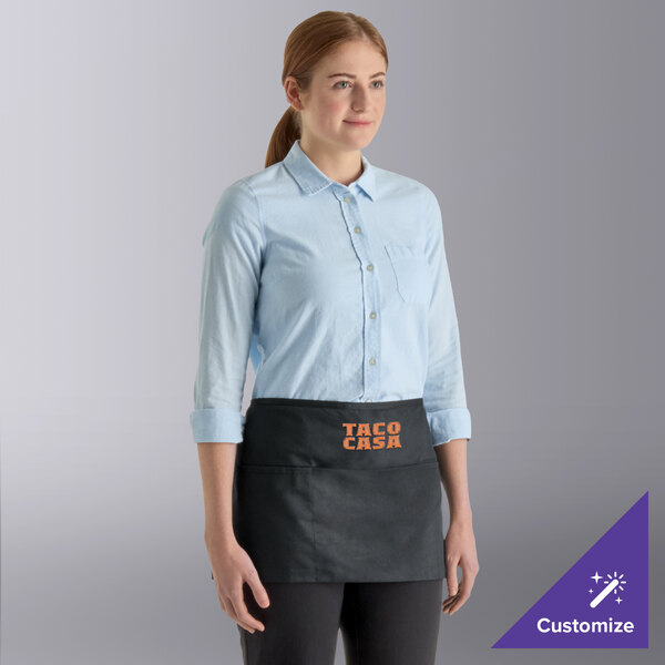 Choice Bulk Black Customizable Poly-Cotton Standard Waist Apron with 3 Pockets - 200/Case
