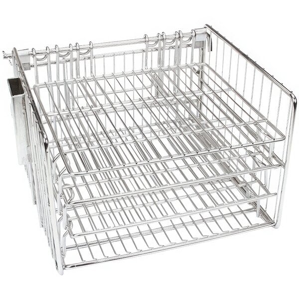 A Henny Penny metal fryer basket with three racks inside.