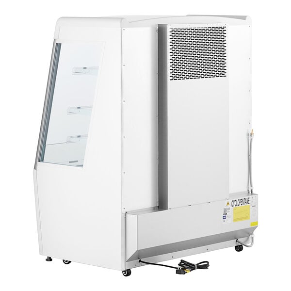 A white rectangular Avantco vertical air curtain merchandiser with a glass door.