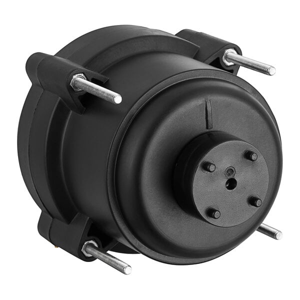 A black round Avantco condenser fan motor with screws.