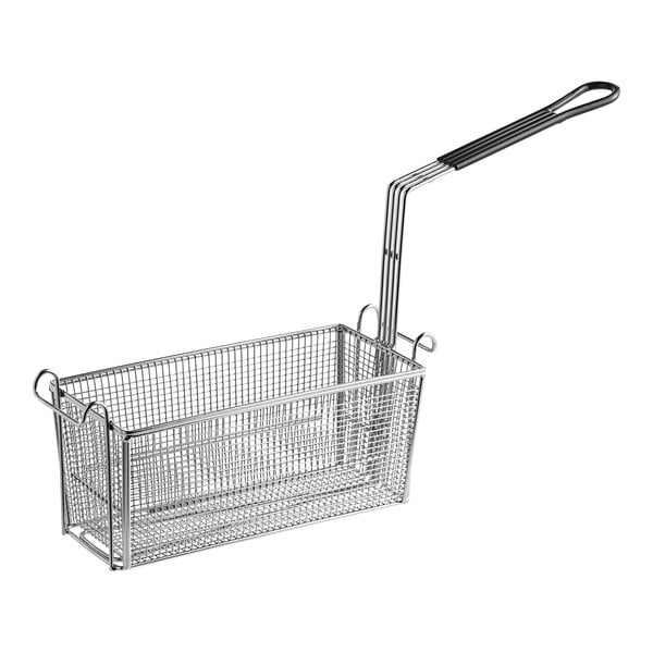 A Henny Penny wire fryer basket with a coated handle.