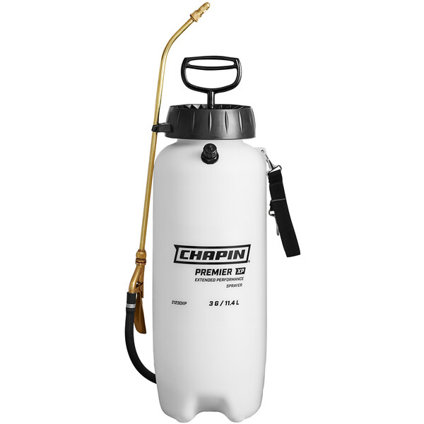 A white Chapin Premier Pro XP poly sprayer with a black hose.