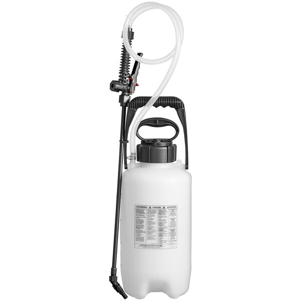 A white Chapin 2 gallon poly sprayer with a hose.