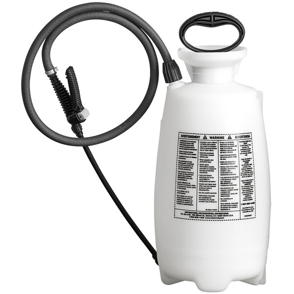 A white Chapin plastic sprayer with a black hose.