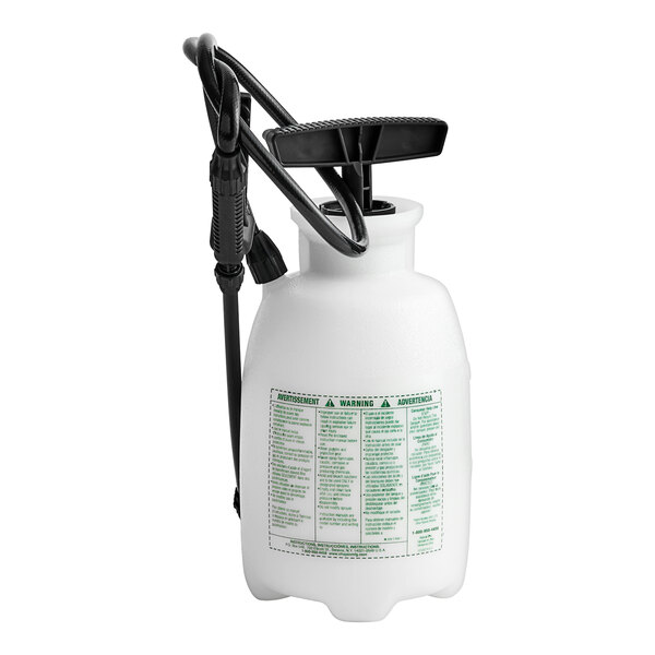 A white poly sprayer with a black hose and handle.