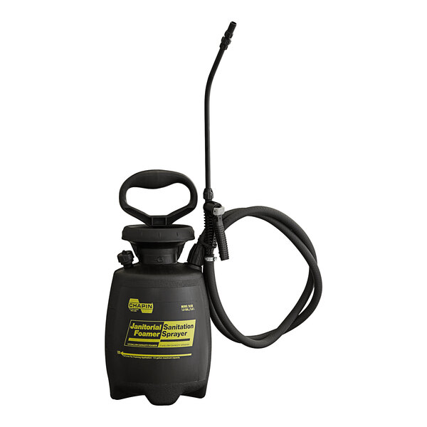A black Chapin poly foamer and sprayer with a hose.