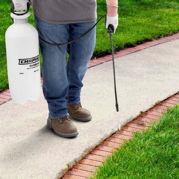 A person using a Chapin SureSpray poly sprayer to spray a sidewalk.