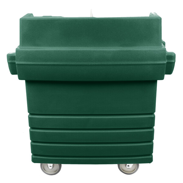 A green plastic bin on wheels.