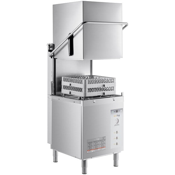 A stainless steel Ecoline by Hobart door-type dishwasher with a lid open.