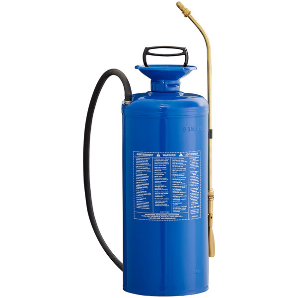 A blue Chapin steel sprayer with a hose.