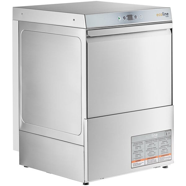 A silver Ecoline by Hobart undercounter dishwasher with a door open and a button on the front.
