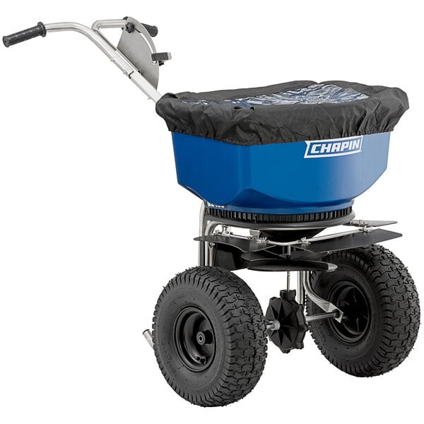 A blue and black Chapin salt spreader with a black cover.