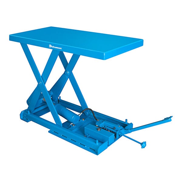 A blue Bishamon CompacLift X Series manual scissor lift table with a blue handle.