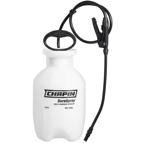 A white Chapin SureSpray poly sprayer with a black hose.