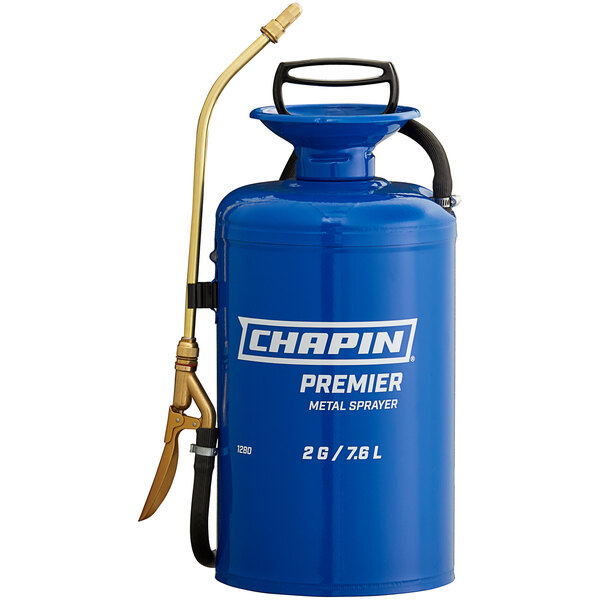 A blue metal Chapin sprayer with a hose.