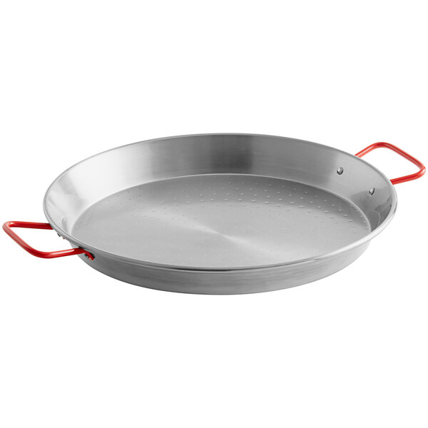 A silver 14" Vigor paella pan with red handles.