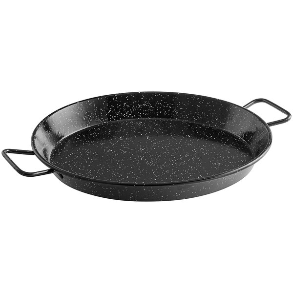 A black speckled Vigor paella pan with two handles.