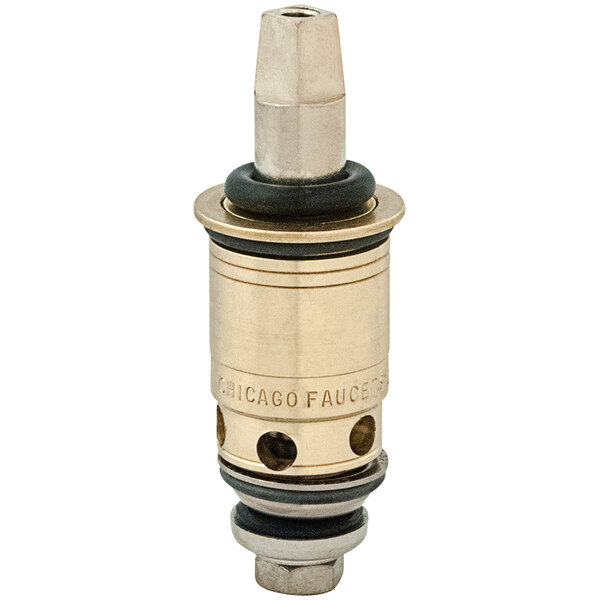 A brass and black Chicago Faucets right-hand Quaturn compression operating cartridge.