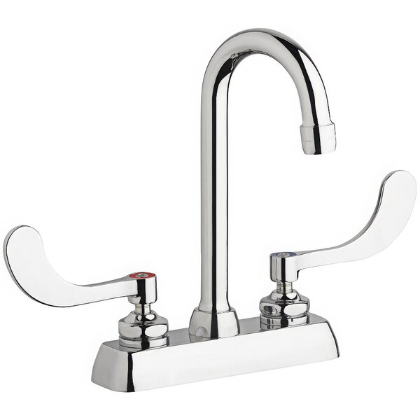 A silver Chicago Faucets deck-mounted faucet with 4" wristblade handles and a 3 1/2" rigid/swing gooseneck spout.