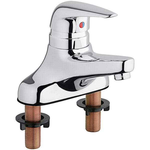 A silver Chicago Faucets deck-mounted bathroom faucet with two handles and a red button.