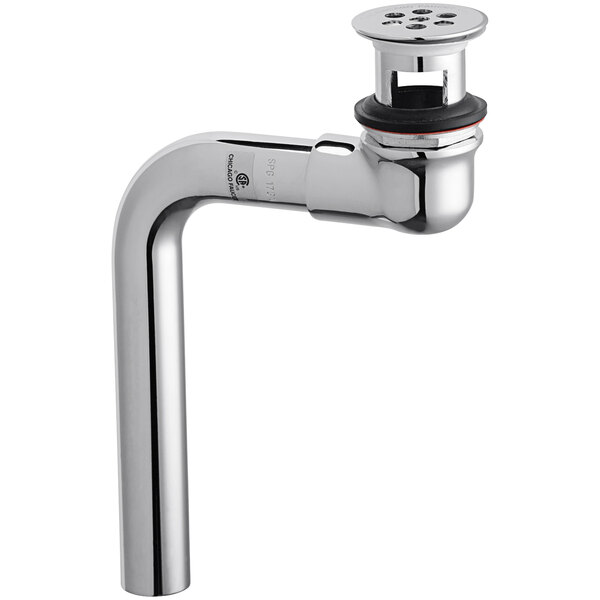 A close-up of a Chicago Faucets chrome grid offset waste strainer with a drain on the side.