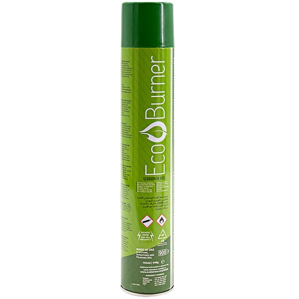 A green EcoBurner fuel refill can with white text.