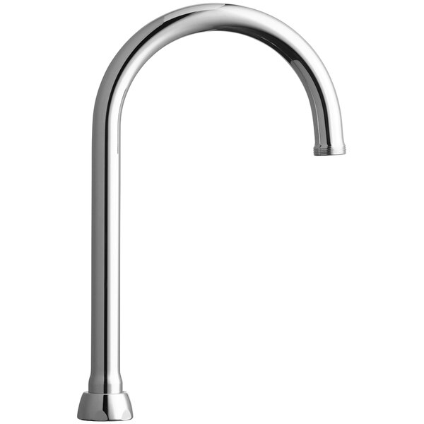 A silver Chicago Faucets gooseneck spout with a curved handle.