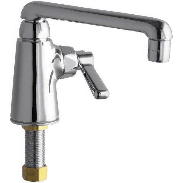 A chrome Chicago Faucets deck-mounted single-hole faucet with a brass handle.