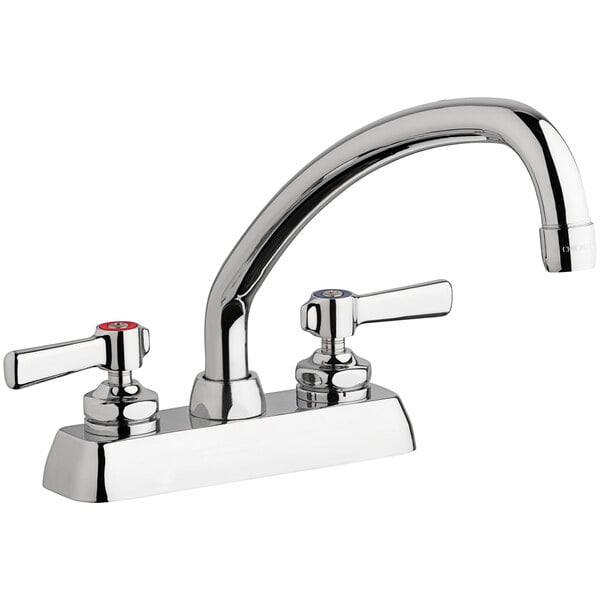 A silver and chrome Chicago Faucets deck-mounted faucet with 2 lever handles.