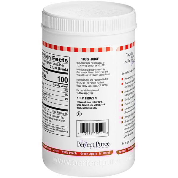 A white plastic container of Perfect Puree Blood Orange Concentrate with red and white text.