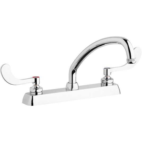 A silver and chrome Chicago Faucets deck-mounted faucet with two handles.