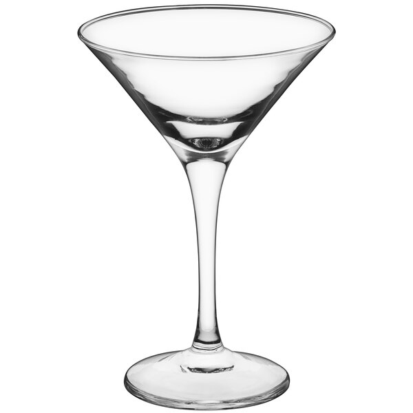 An Acopa Select clear martini glass with a stem.