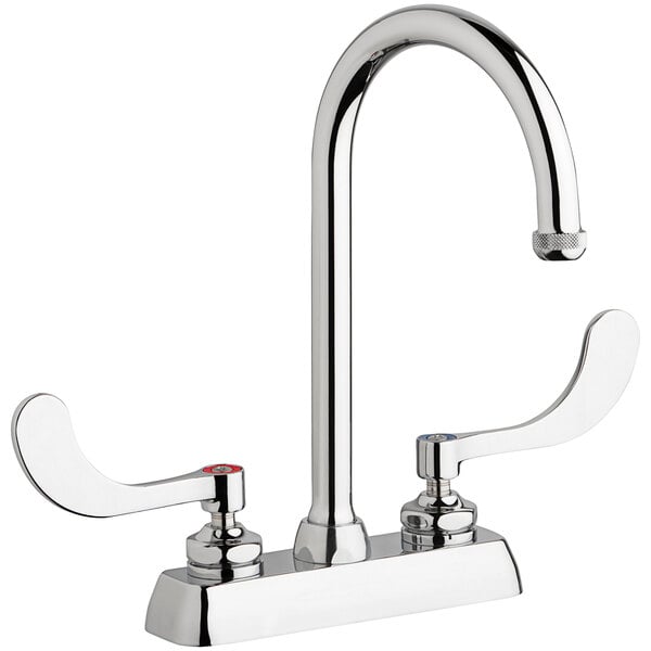 A silver Chicago Faucets deck-mounted faucet with 4" wristblade handles and a 5 1/4" rigid / swing gooseneck spout.